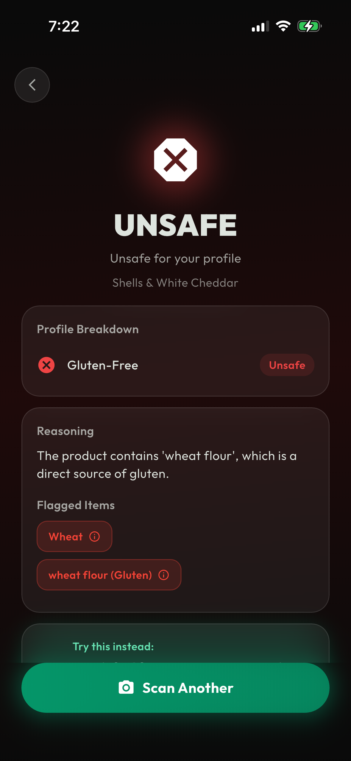 IsoPlate app showing an UNSAFE allergen result